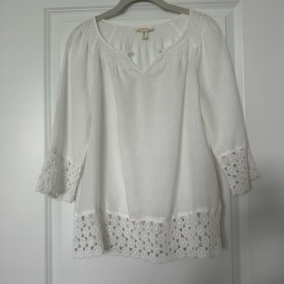White Crochet Trim Linen Top - Picture 1 of 2